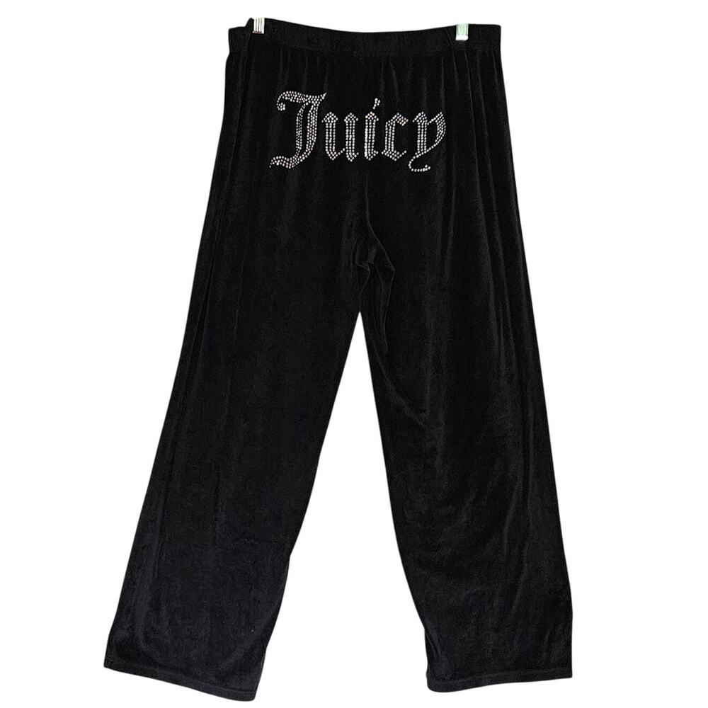 Juicy Couture Black Velour Rhinestone Logo Wide Leg Track Pants Sz L EUC
